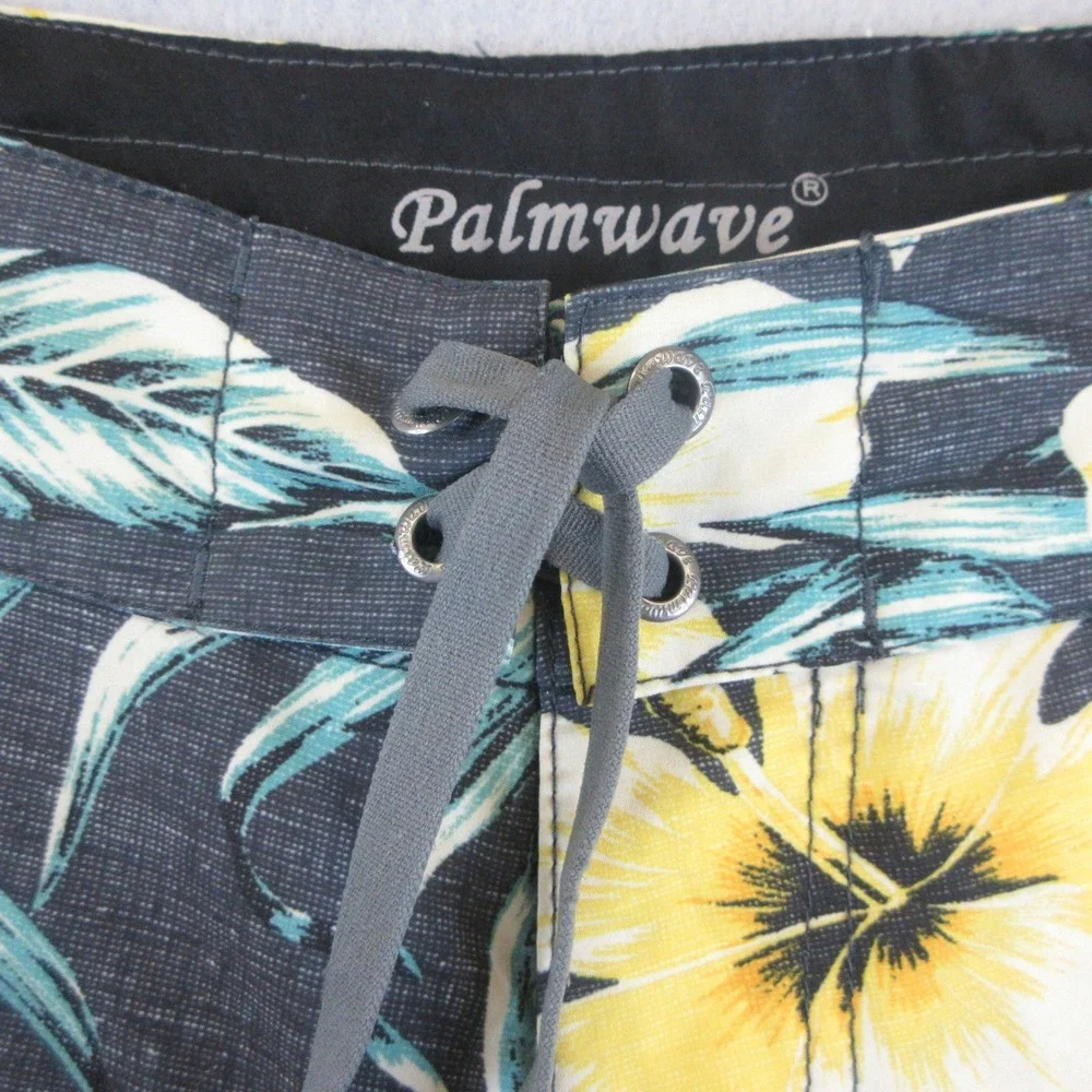 Palmwave Board Shorts Men 32 Gray‎ Teal Floral Striped Pockets Stretch Surf Swim